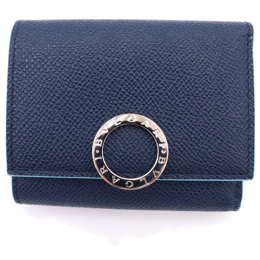 Bvlgari Clip Trifold Wallet Compact Coin Case Navy Light Blue Leather Silver