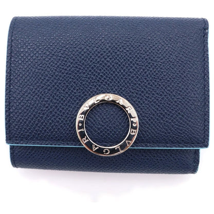 Bvlgari Clip Trifold Wallet Compact Coin Case Navy Light Blue Leather Silver
