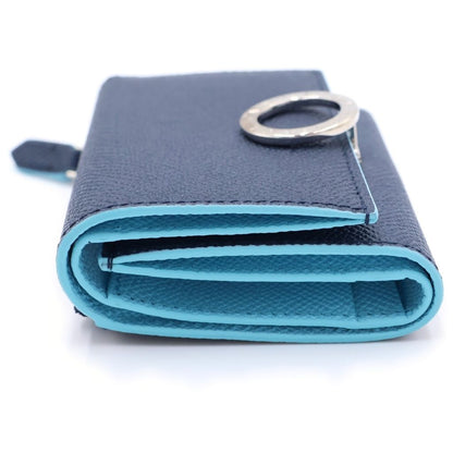Bvlgari Clip Trifold Wallet Compact Coin Case Navy Light Blue Leather Silver — view 3