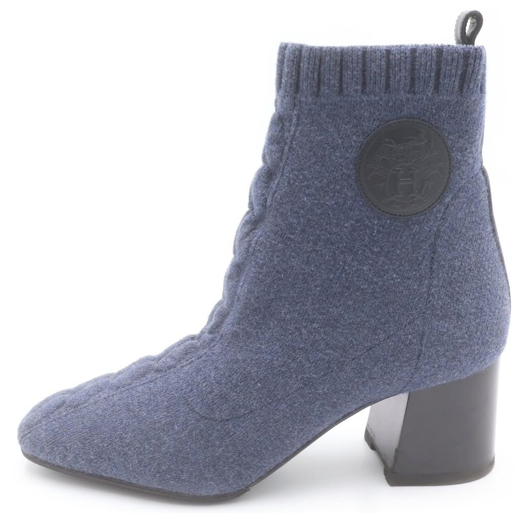 Hermes Volvert Exlibris Heels Knit Short Boots Shoes Navy Box