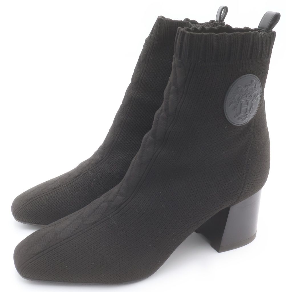 Hermes Volvert Exlibris Heels Knit Leather Short Boots Shoes Black Box — view 2