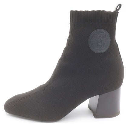 Hermes Volvert Exlibris Heels Knit Leather Short Boots Shoes Black Box