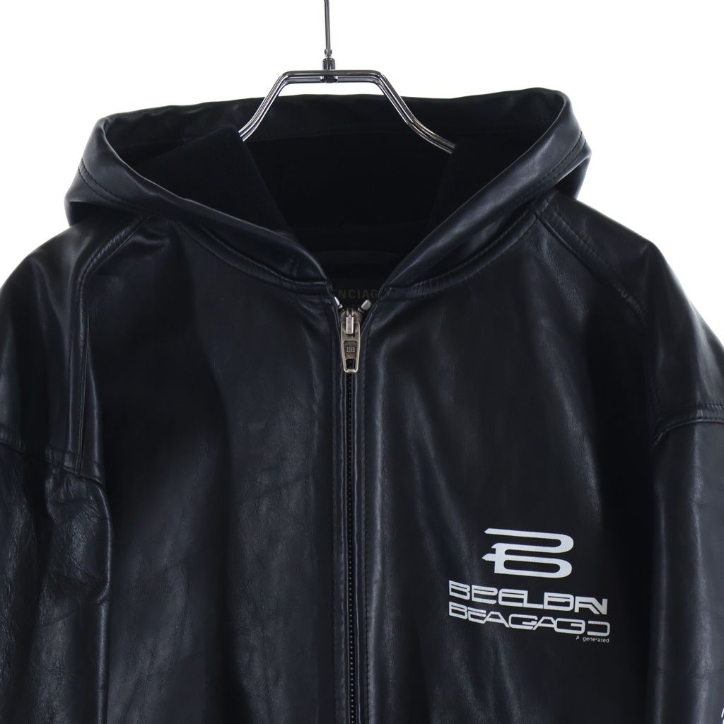 Balenciaga Lined Zip Up Hoodie Front Logo Print Zip Up Leather Hooded Jacket — view 3