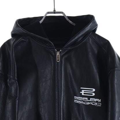 Balenciaga Lined Zip Up Hoodie Front Logo Print Zip Up Leather Hooded Jacket — view 3
