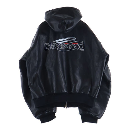 Balenciaga Lined Zip Up Hoodie Front Logo Print Zip Up Leather Hooded Jacket — view 2