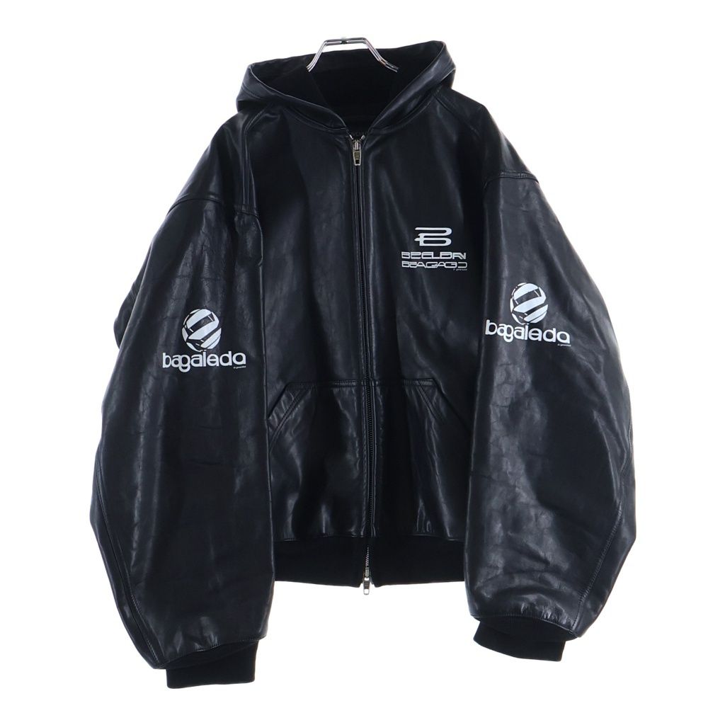 Balenciaga Lined Zip Up Hoodie Front Logo Print Zip Up Leather Hooded Jacket