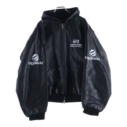 Balenciaga Lined Zip Up Hoodie Front Logo Print Zip Up Leather Hooded Jacket