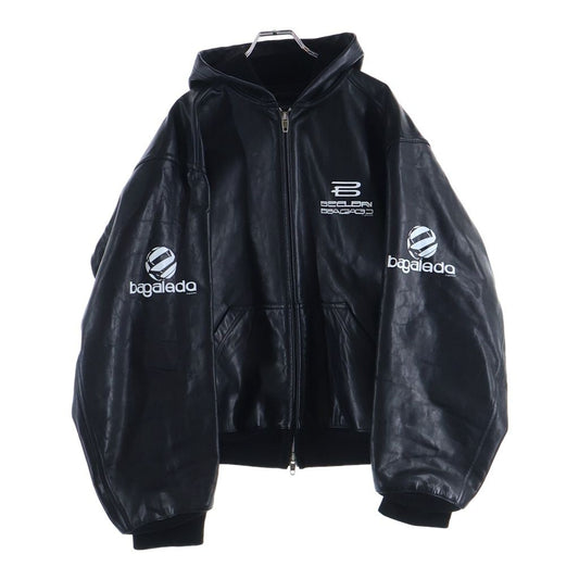 Balenciaga Lined Zip Up Hoodie Front Logo Print Zip Up Leather Hooded Jacket
