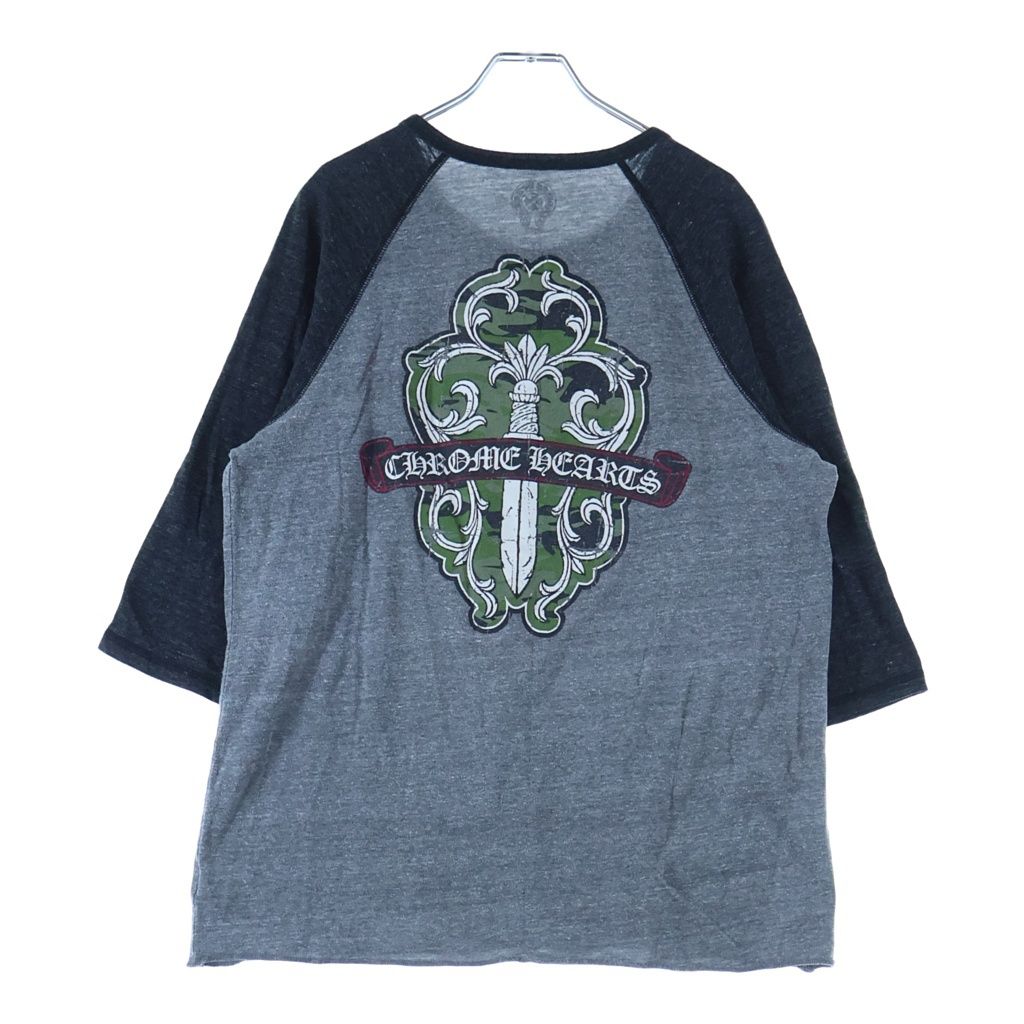 Chrome Hearts Henry L S T-Shirt Vine Daga Print Henley Neck 3/4 Sleeve Gray