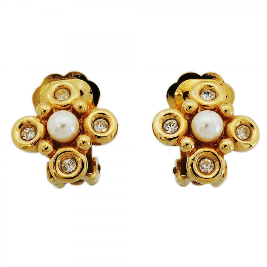 Dior Earrings Flower Motif Gold Plated Faux Pearl Rhinestone