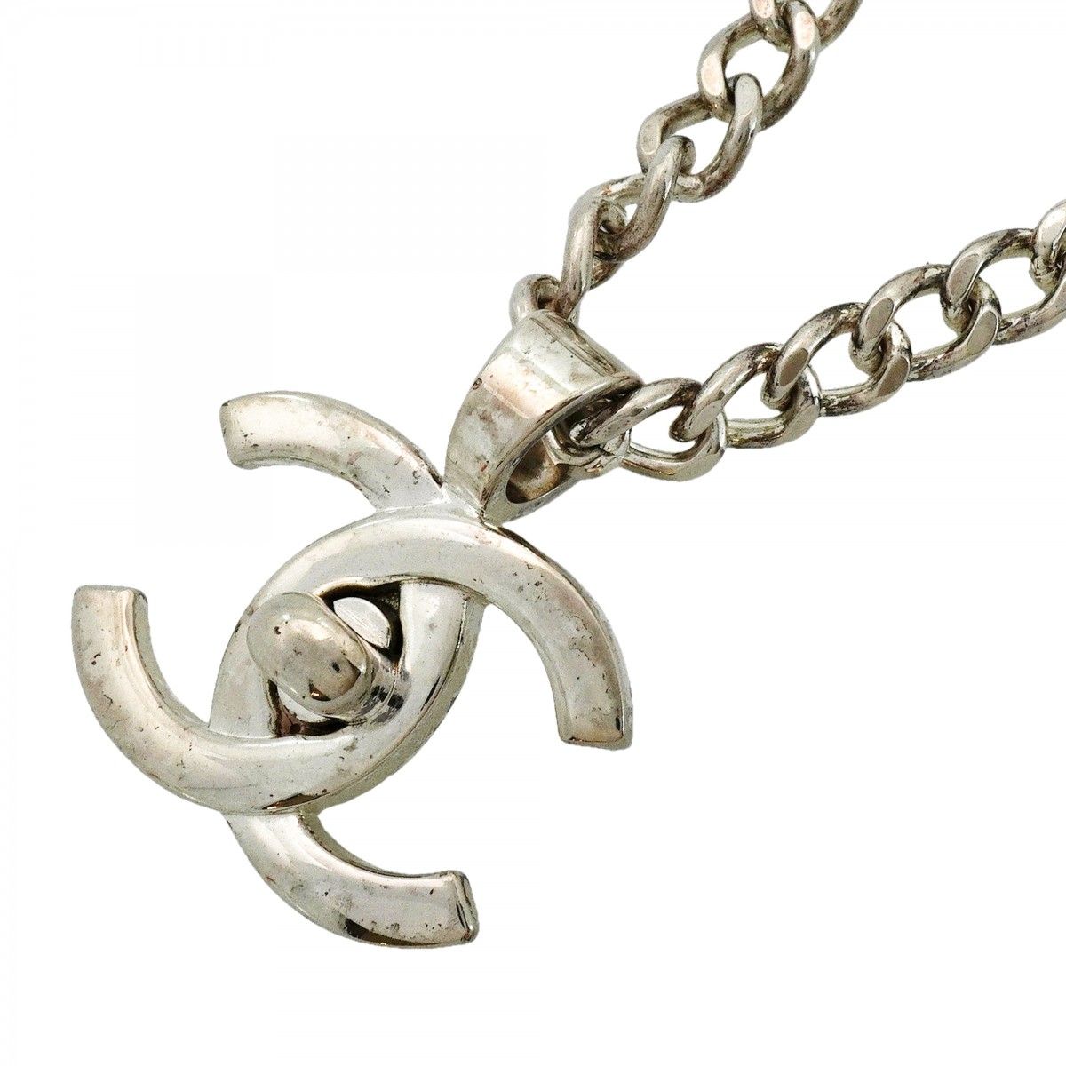 Chanel Necklace Vintage CC Logo Turnlock Metal Silver