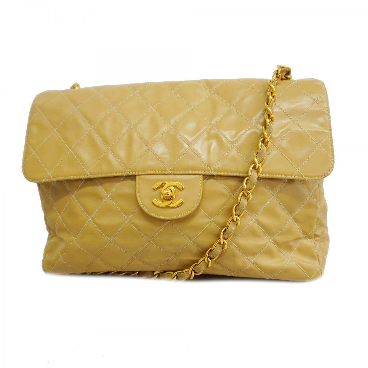 Chanel Shoulder Bag Quilted Patent Leather Beige Gold