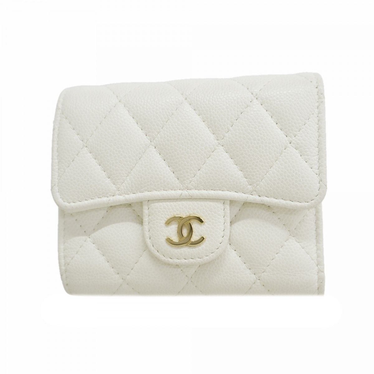 Chanel Trifold Wallet Quilted Caviar Leather White Gold