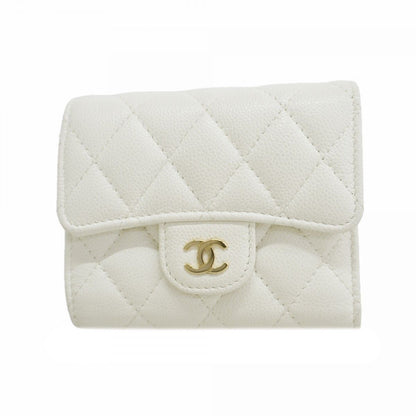 Chanel Trifold Wallet Quilted Caviar Leather White Gold