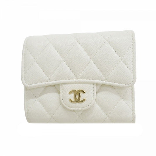 Chanel Trifold Wallet Quilted Caviar Leather White Gold