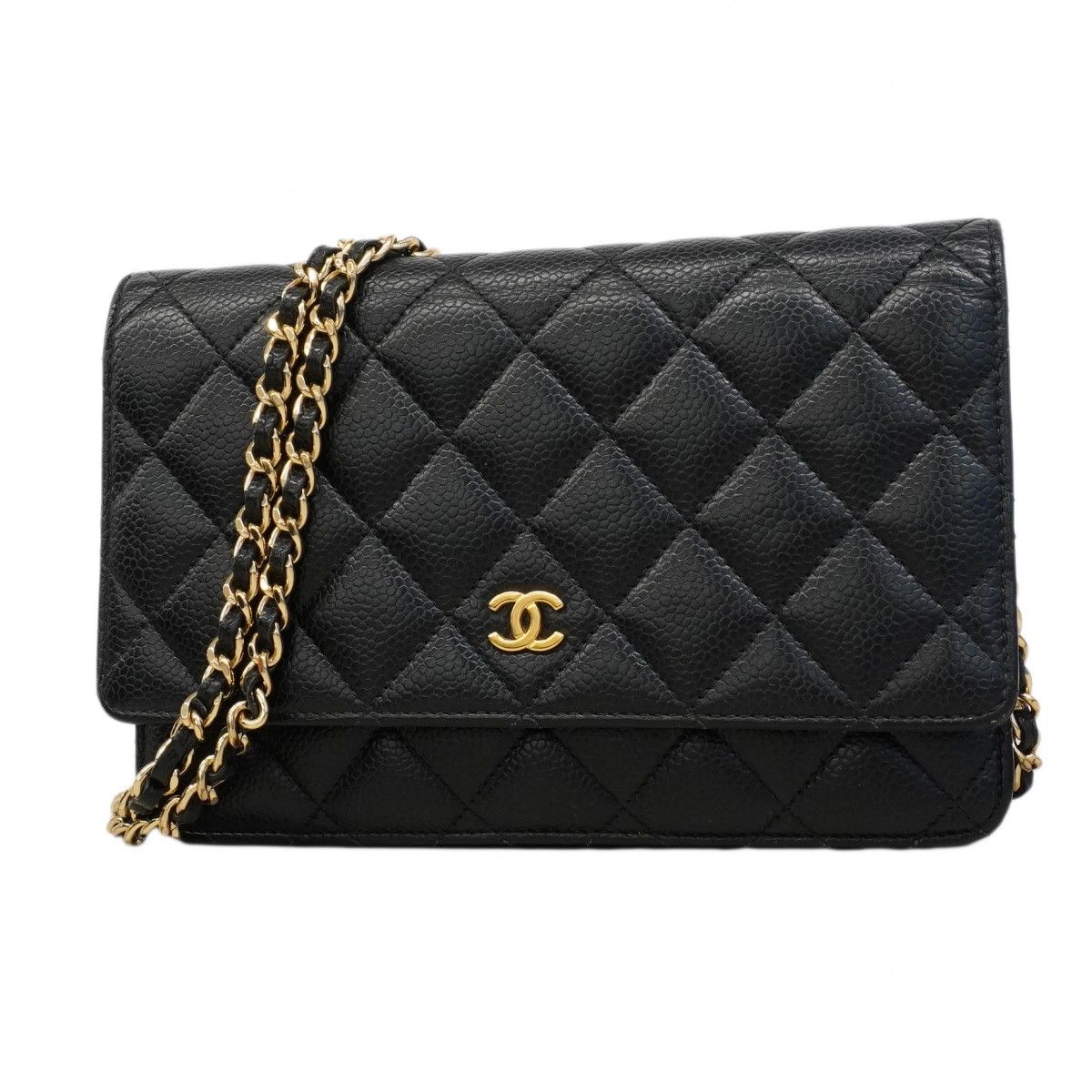 Chanel Shoulder Wallet Quilted Caviar Leather Black Gold