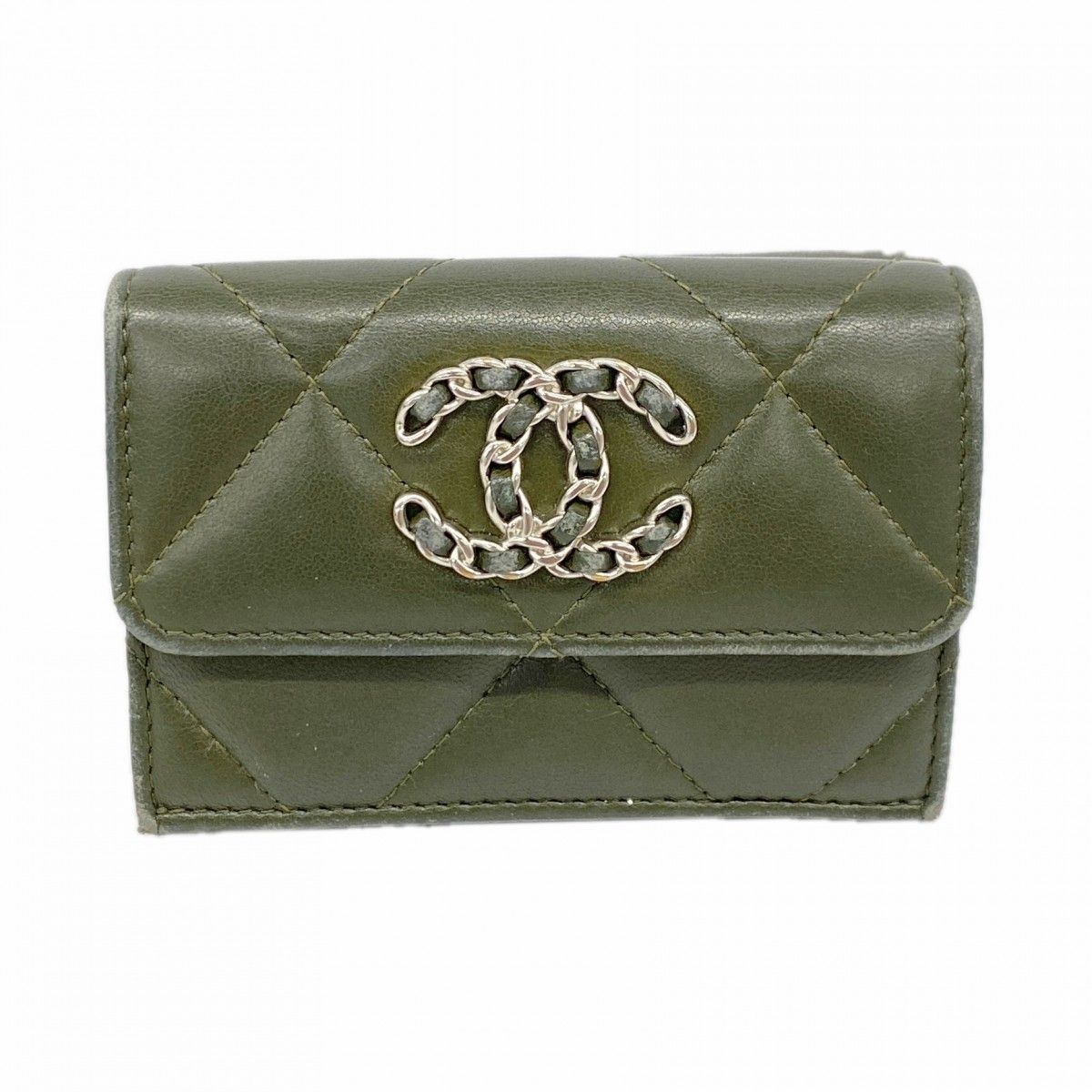 Chanel Trifold Wallet 19 Lambskin Khaki Gray Silver