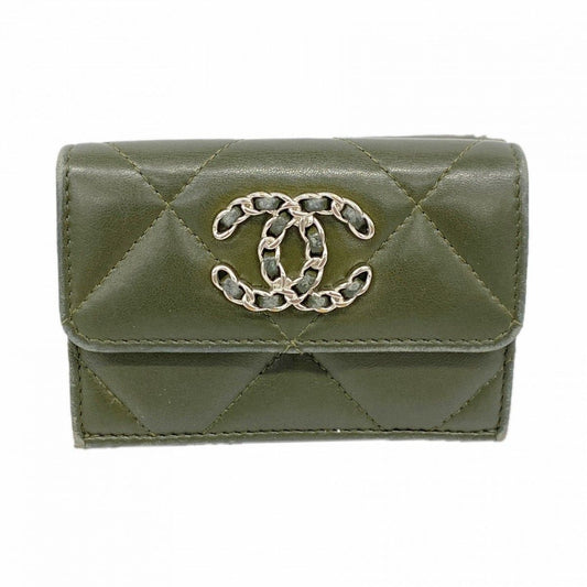 Chanel Trifold Wallet 19 Lambskin Khaki Gray Silver