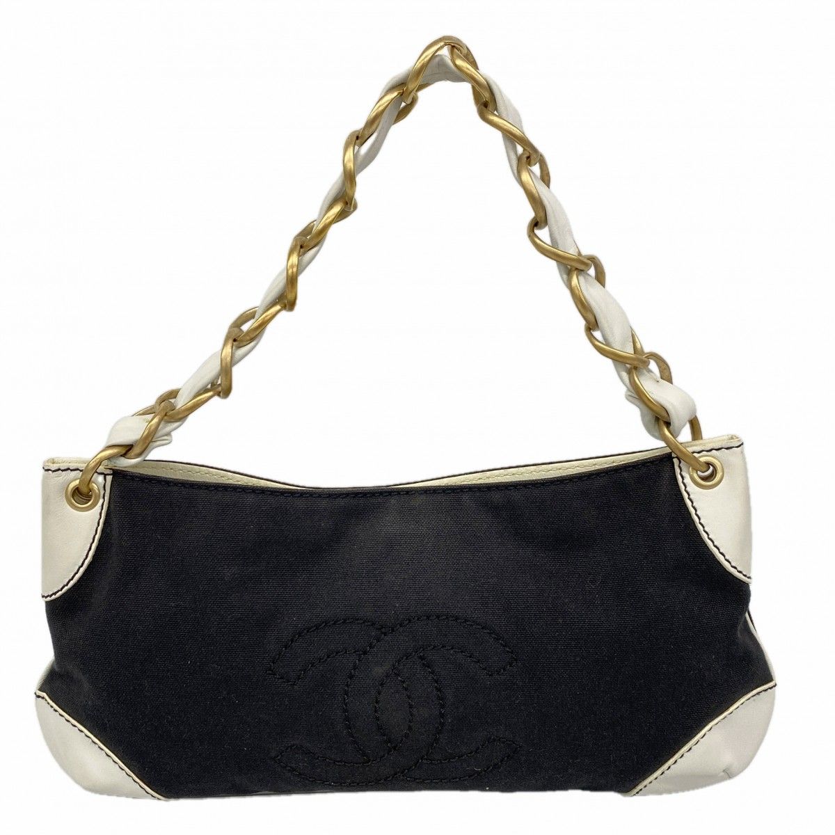 Chanel Handbag Canvas Black White Champagne Gold