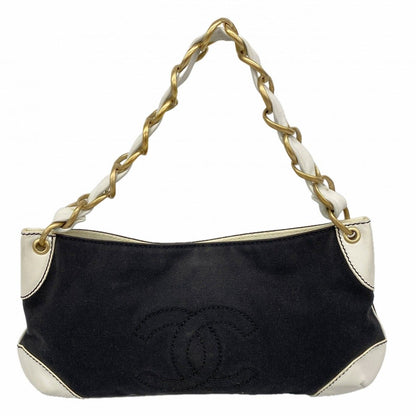 Chanel Handbag Canvas Black White Champagne Gold