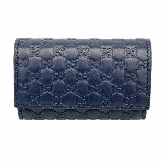 Gucci Key Case Micro Guccissima Leather Navy Silver Key Holder
