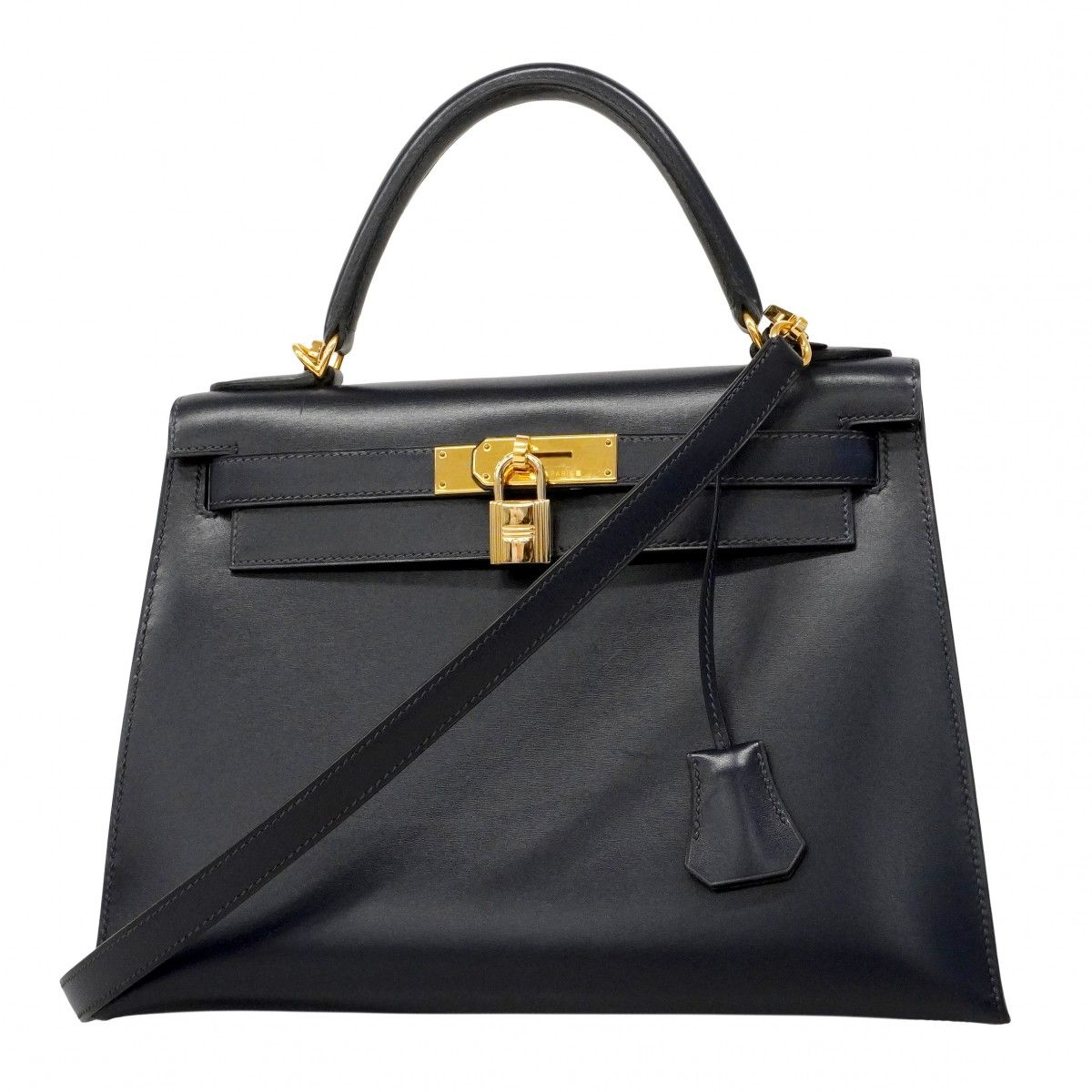 Hermes Handbag Kelly 28 Box Calf Blue Indigo Gold 2-Way