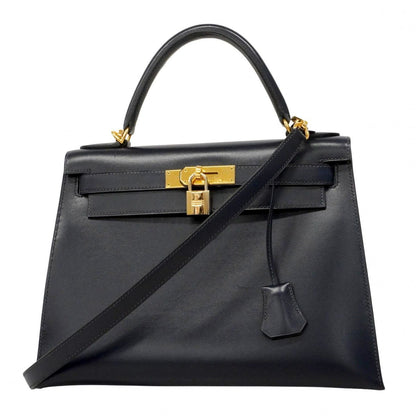 Hermes Handbag Kelly 28 Box Calf Blue Indigo Gold 2-Way