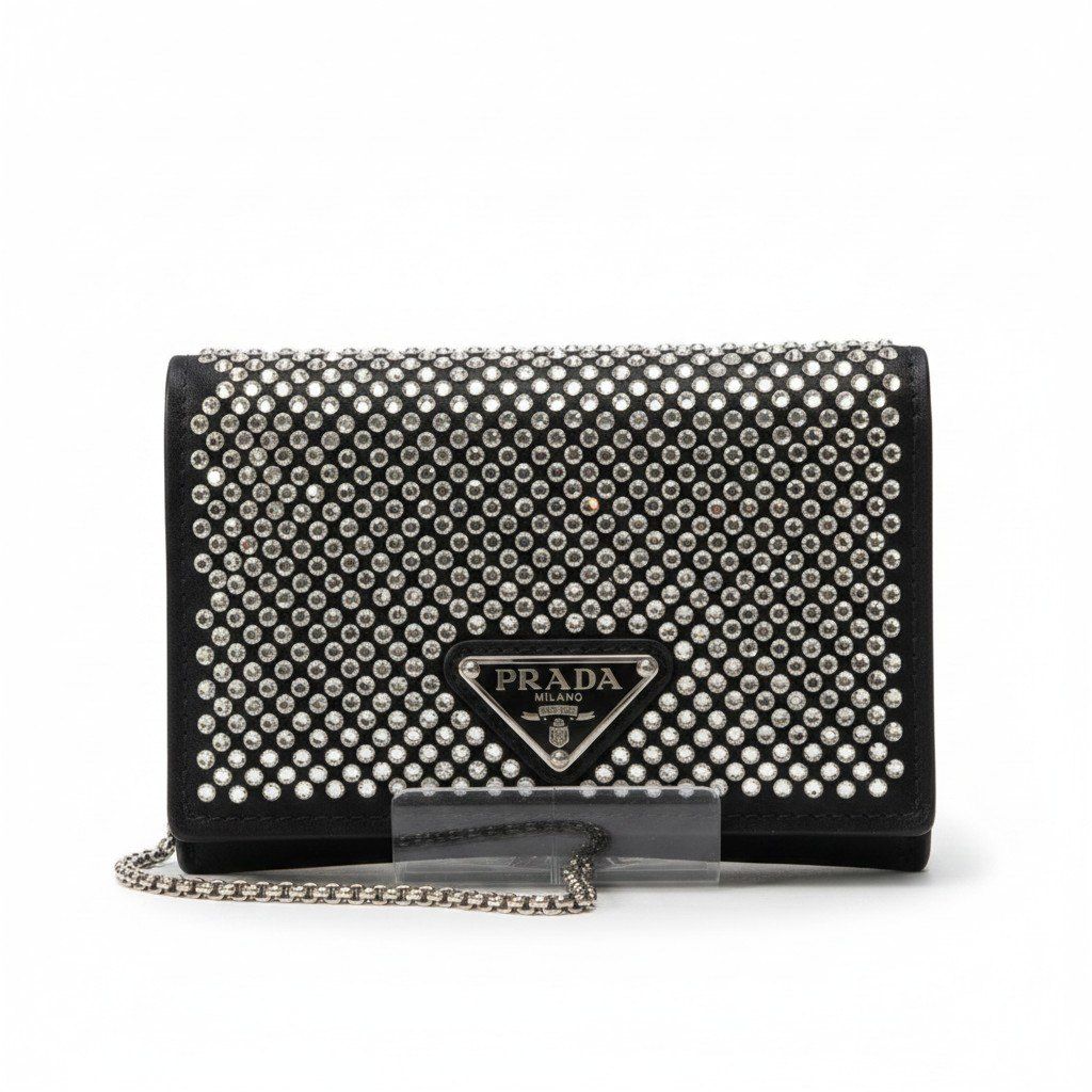 Prada Rhinestone Flap Card Holder Mini Bag Black Silver