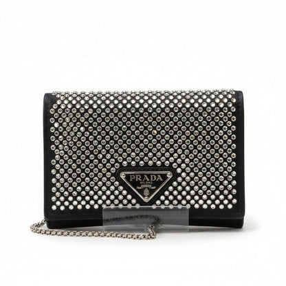 Prada Rhinestone Flap Card Holder Mini Bag Black Silver