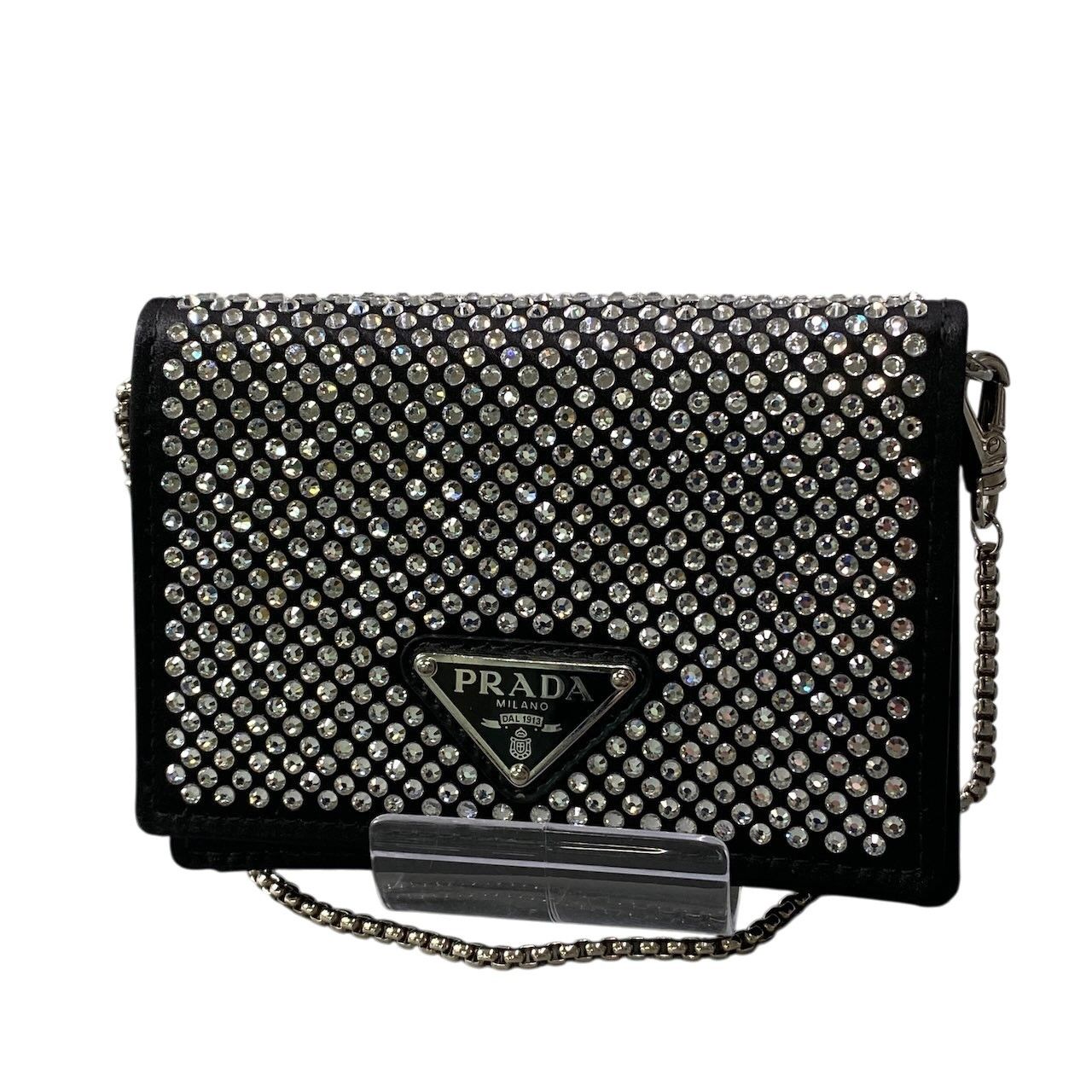 Prada Rhinestone Flap Card Holder Mini Bag Black Silver — view 2