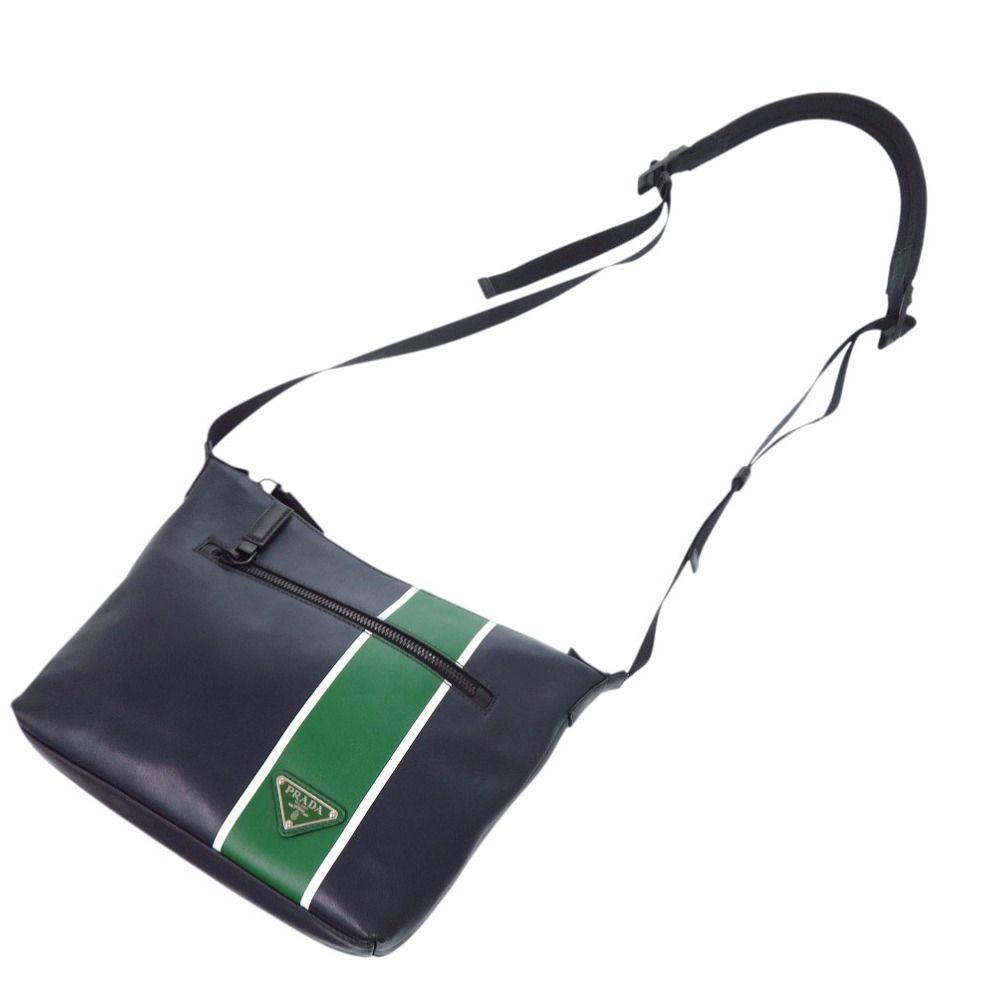 Prada Leather Triangle Logo Navy Green Shoulder — view 5