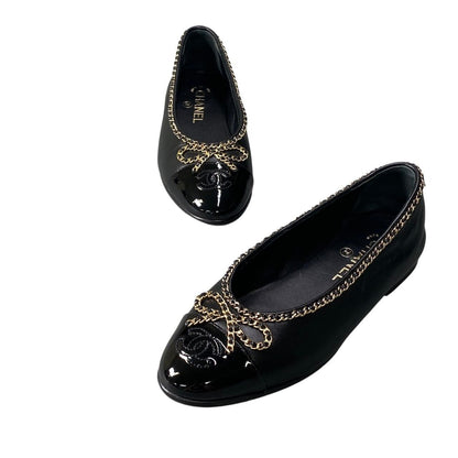 Chanel Ribbon Chain Ballerina Pumps Gold 36.5 Black Lambskin Flat — view 5