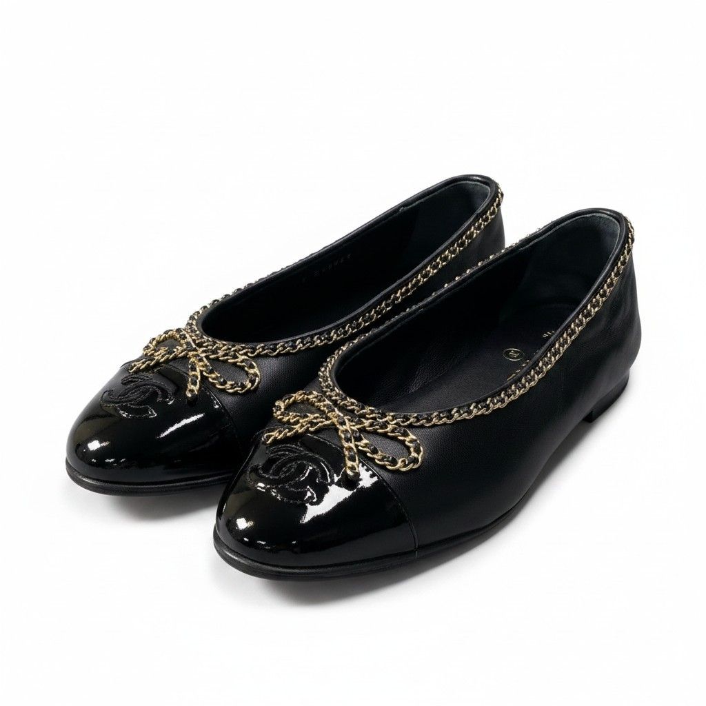 Chanel Ribbon Chain Ballerina Pumps Gold 36.5 Black Lambskin Flat