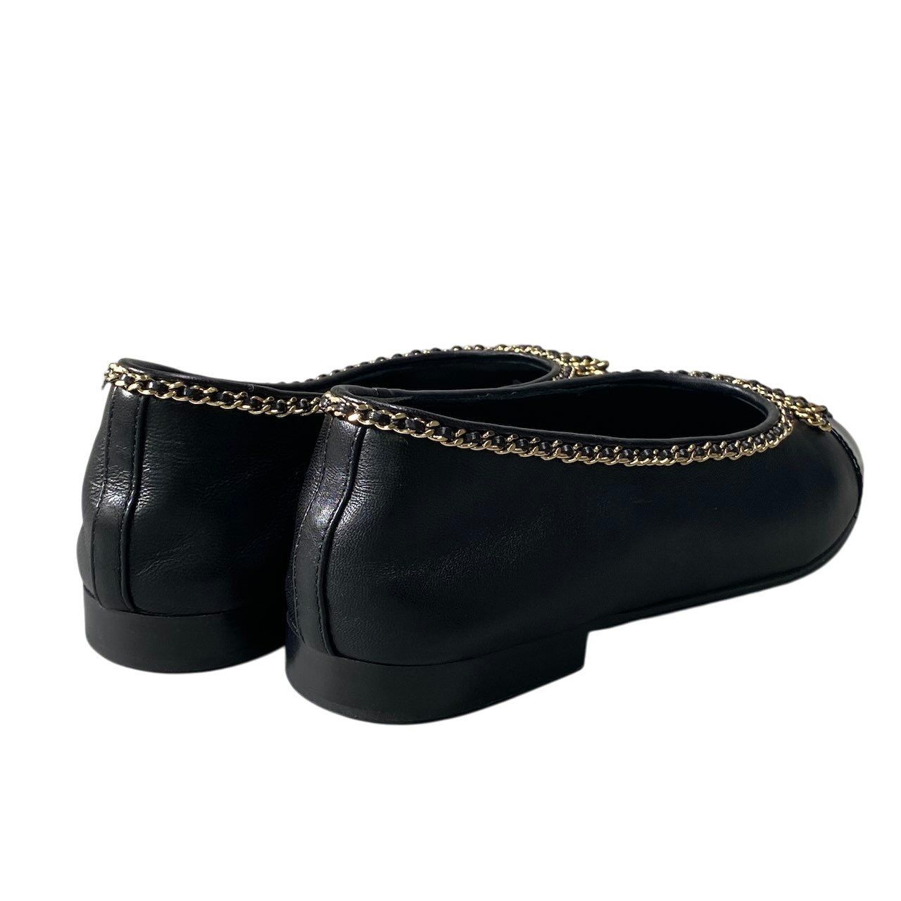 Chanel Ribbon Chain Ballerina Pumps Gold 36.5 Black Lambskin Flat — view 4