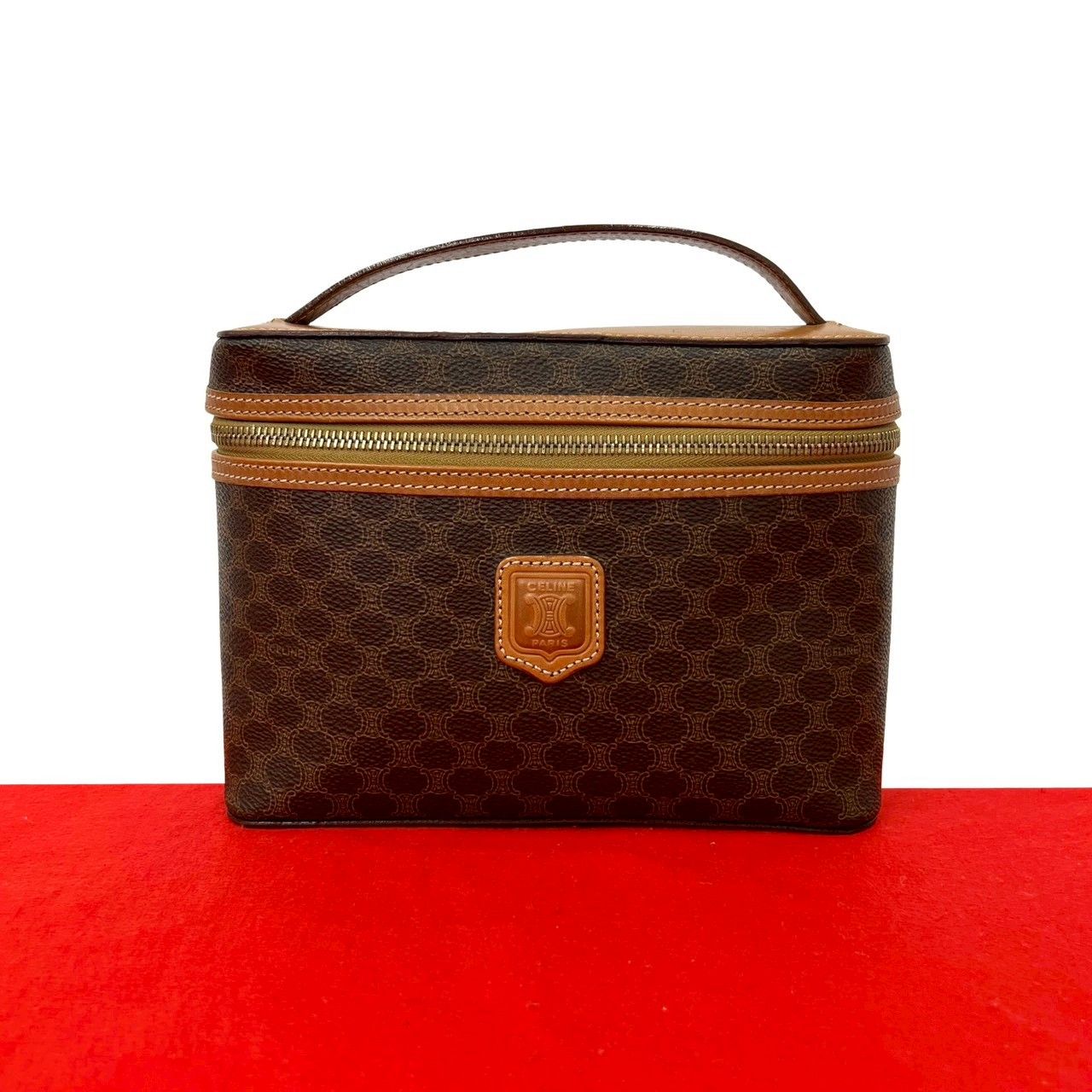 Celine Vintage Macadam Blason Trio Pattern Leather Handbag Vanity Bag Brown