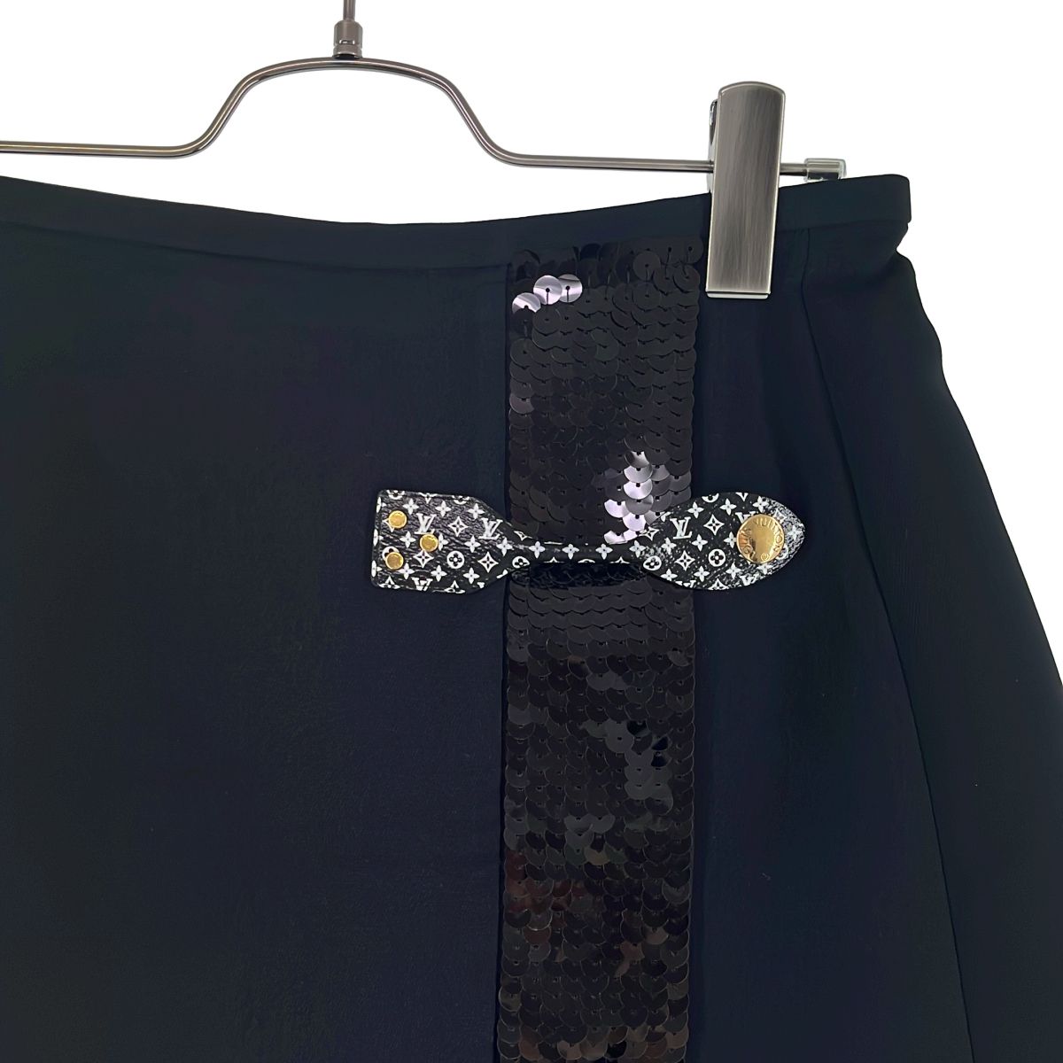 Louis Vuitton Silk Wool Sequin Monogram Strap Skirt 38 Black — view 2