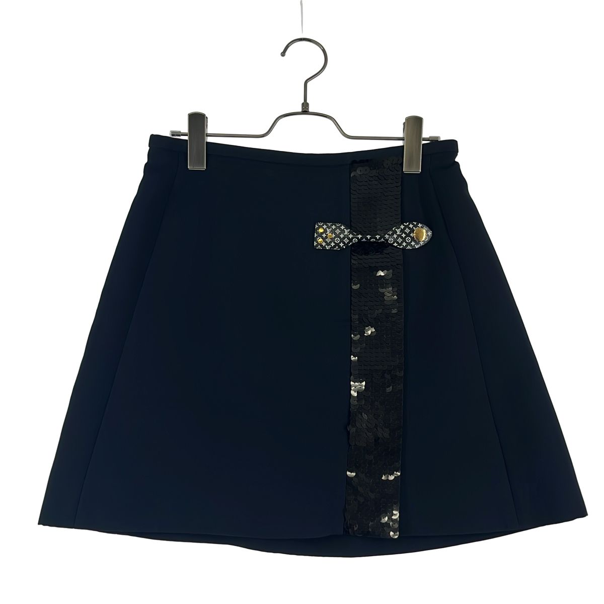 Louis Vuitton Silk Wool Sequin Monogram Strap Skirt 38 Black