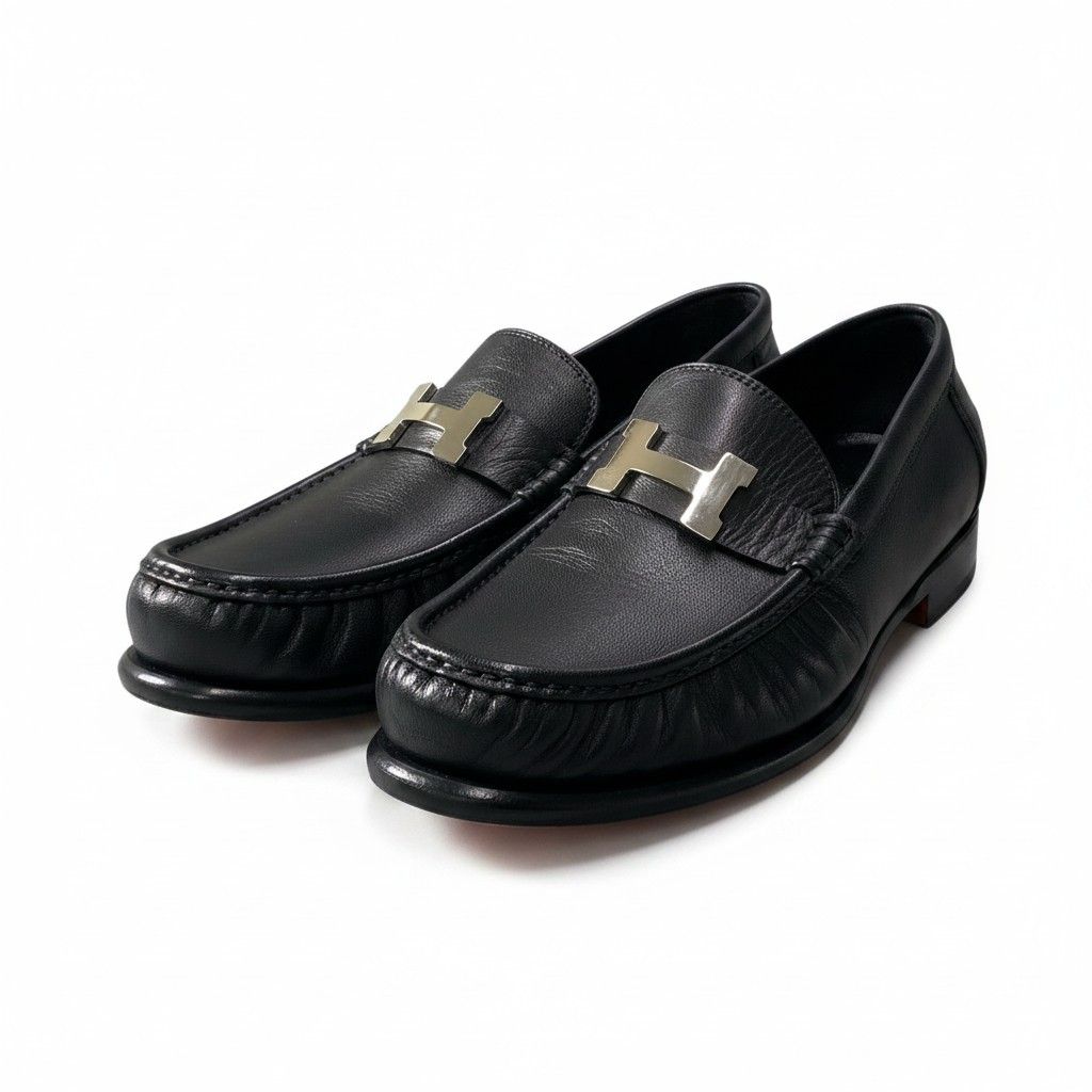Hermes Moccasins Carlo Chevre Paris Buckle 43 Black Leather Shoes