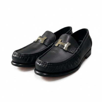 Hermes Moccasins Carlo Chevre Paris Buckle 43 Black Leather Shoes