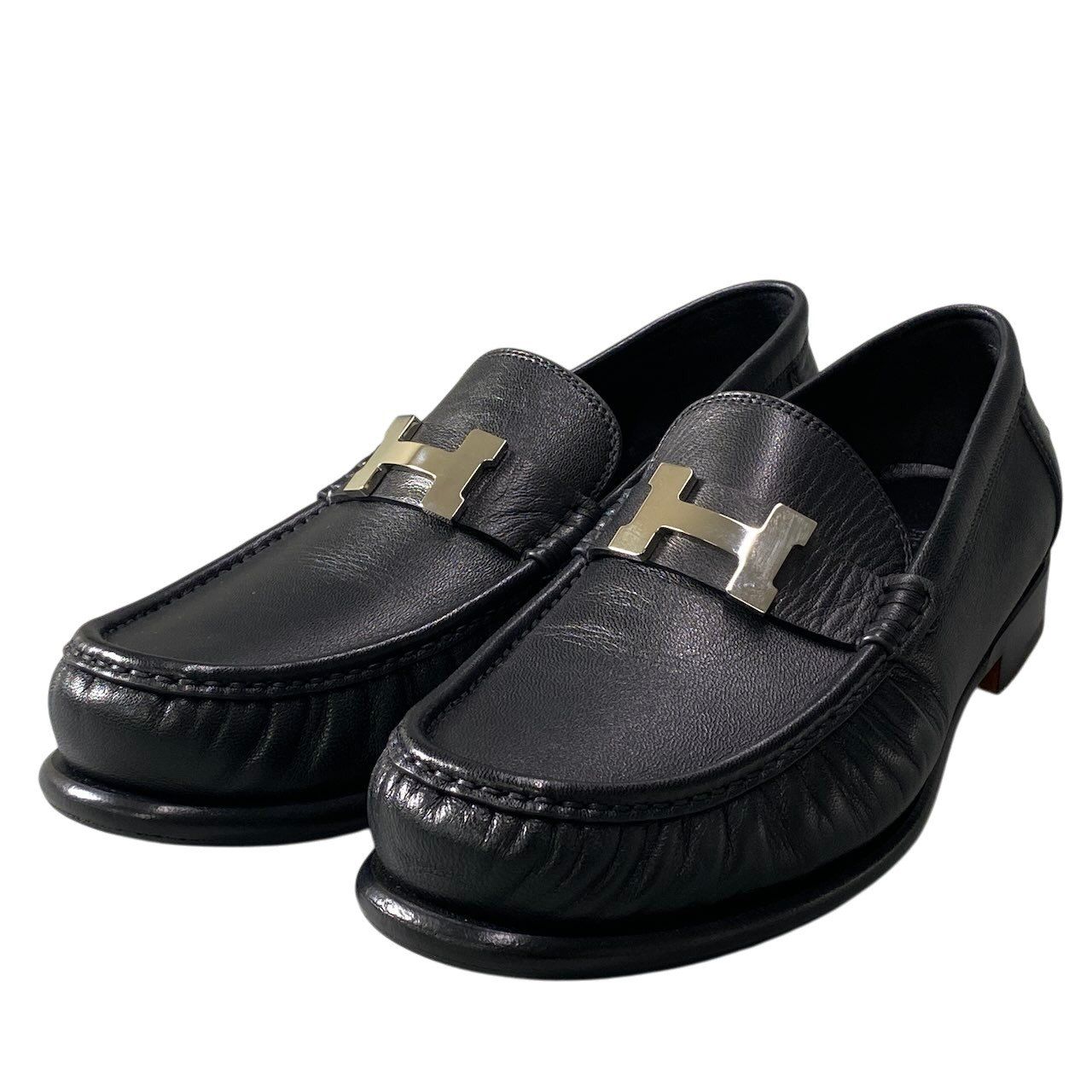 Hermes Moccasins Carlo Chevre Paris Buckle 43 Black Leather Shoes — view 2
