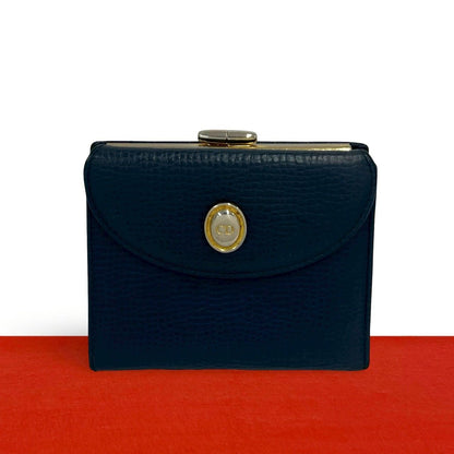 Dior Vintage CD Logo Leather Kiss Lock Bifold Wallet Navy