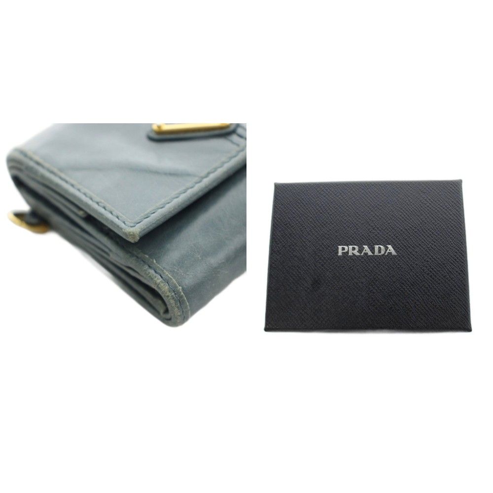 Prada Triangle Plate Logo Soft Looks Wallet Trifold Coin Purse Leather Blue Gray — view 9