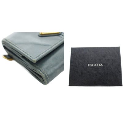 Prada Triangle Plate Logo Soft Looks Wallet Trifold Coin Purse Leather Blue Gray — view 9