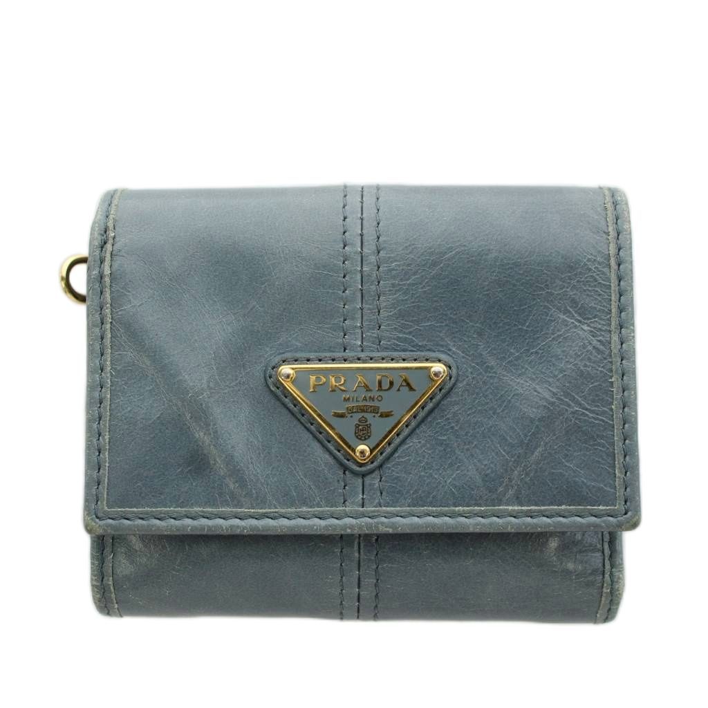 Prada Triangle Plate Logo Soft Looks Wallet Trifold Coin Purse Leather Blue Gray