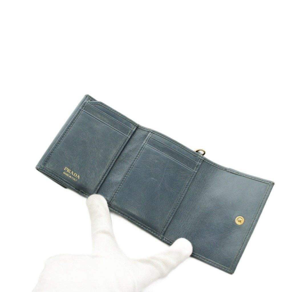 Prada Triangle Plate Logo Soft Looks Wallet Trifold Coin Purse Leather Blue Gray — view 6