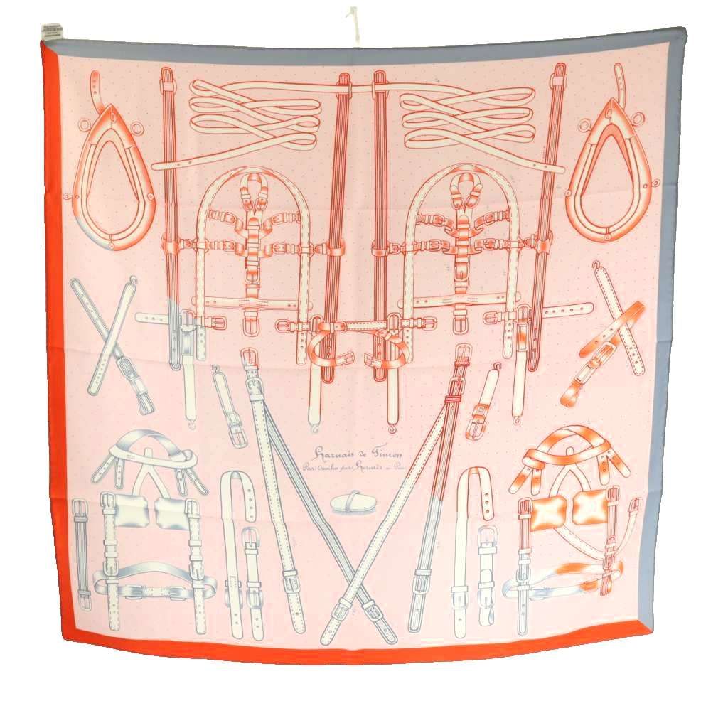 Hermes Harnais de Timon Carre 90 Scarf Silk All Over Pattern Pink Orange Gray