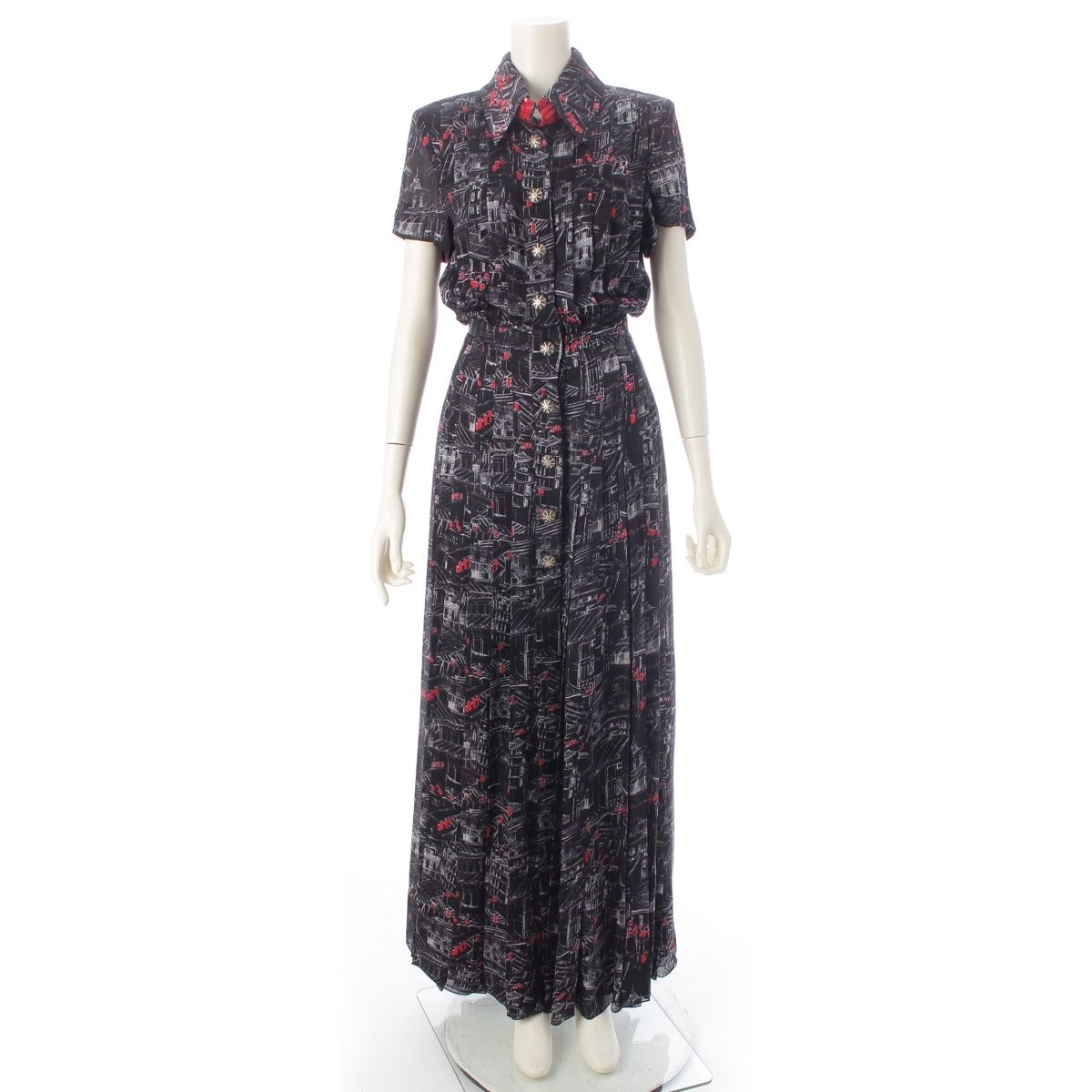 Chanel Silk Sequin All Over Pattern Dress 332 333 Set Black Red 34