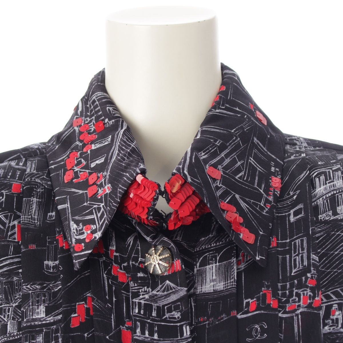 Chanel Silk Sequin All Over Pattern Dress 332 333 Set Black Red 34 — view 5