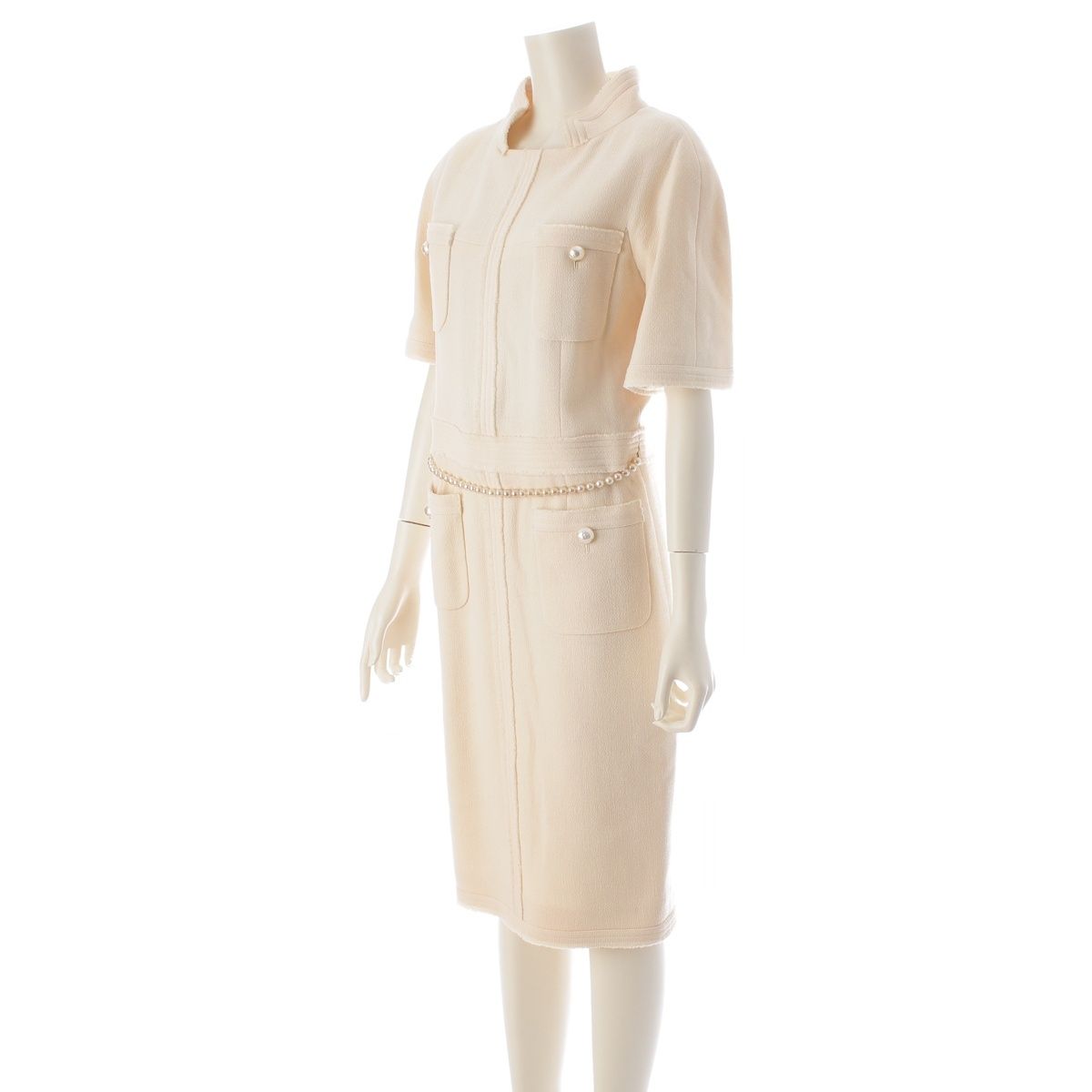 Chanel Wool CC Logo Pearl Button Belt Short Sleeve Dress Ivory 36 — view 2