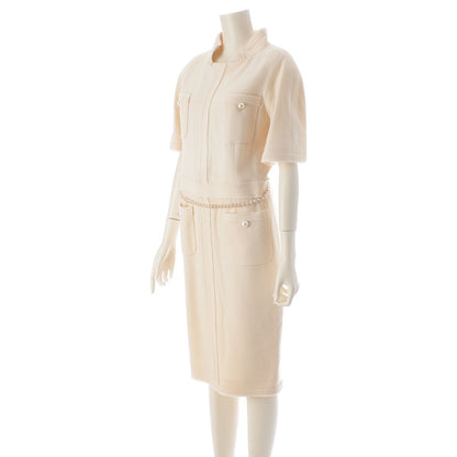 Chanel Wool CC Logo Pearl Button Belt Short Sleeve Dress Ivory 36 — view 2